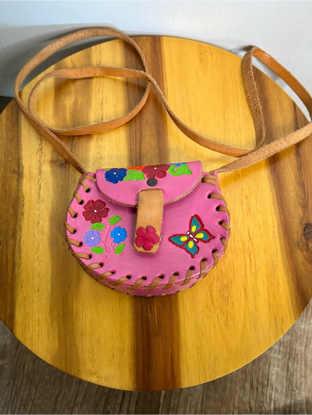 Pink Boho Embossed Leather Floral Butterfly Crossbody Bag Girly Festival